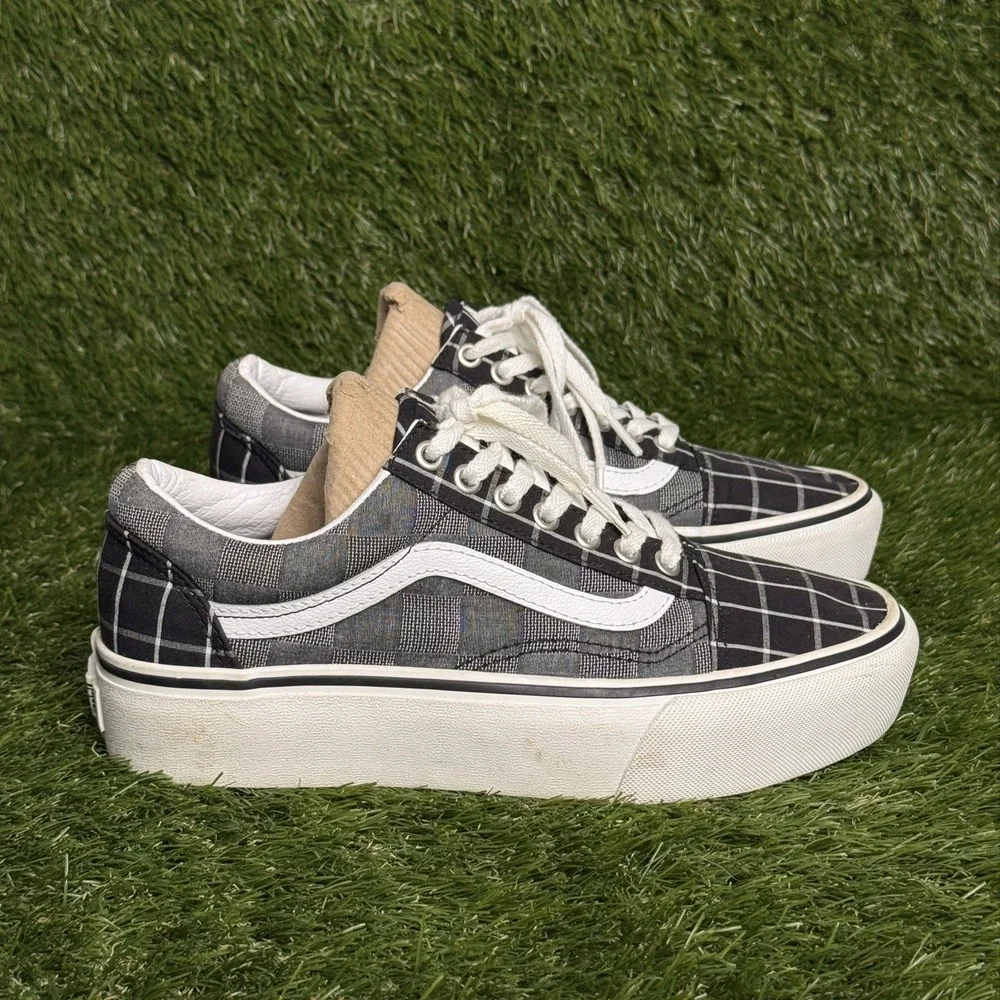 Vans Old Skool Platform Womens Size 8.5 Black White Plaid Skate Shoes Sneakers